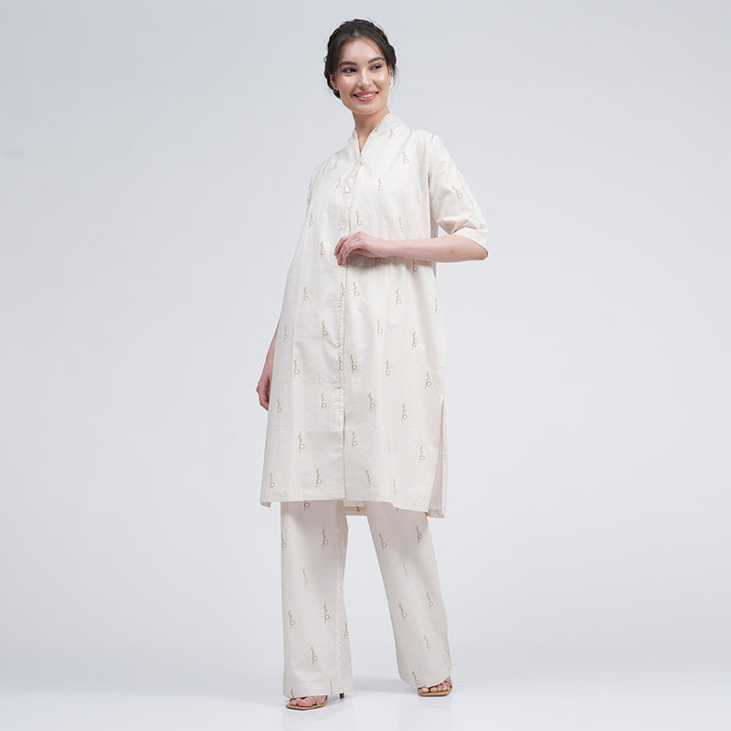 Cotton Linen Long Shirt & Pants for Women | Cream | Block Printed