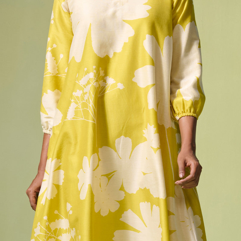 Chanderi Dress For Women | Floral Print | Lime Yellow