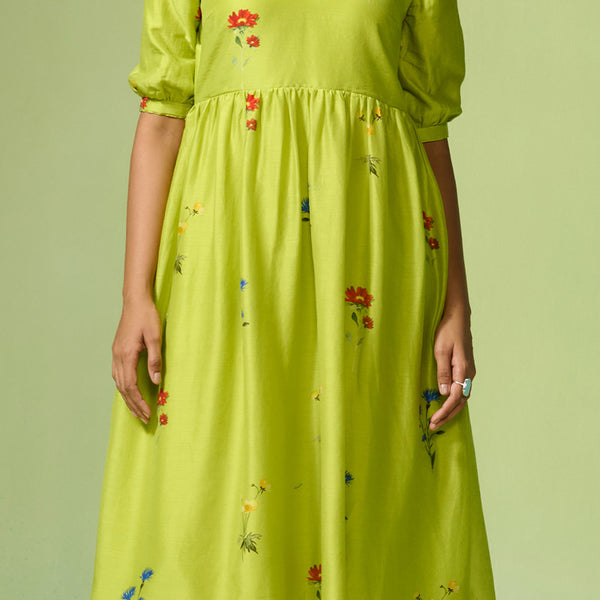 Chanderi Dress For Women | Floral Print | Lime Green