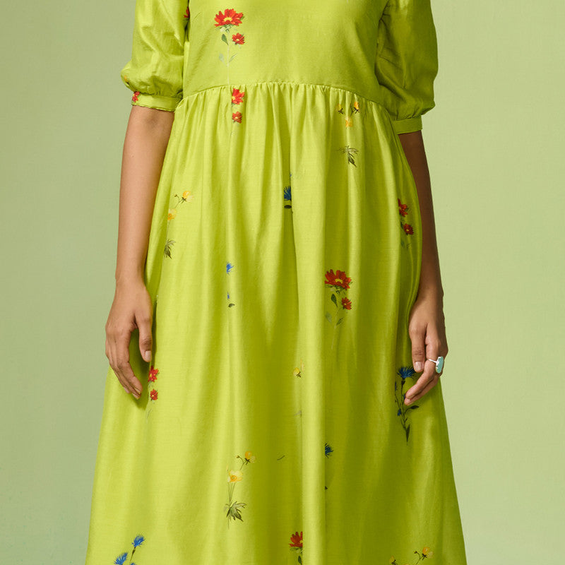 Chanderi Dress For Women | Floral Print | Lime Green