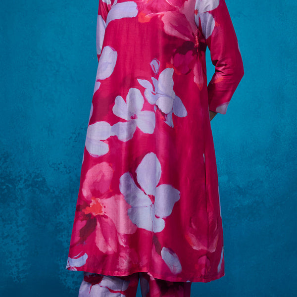 Chanderi Kurta Set For Women | Floral Printed | Deep Pink