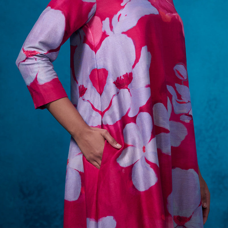 Chanderi Kurta Set For Women | Floral Printed | Deep Pink