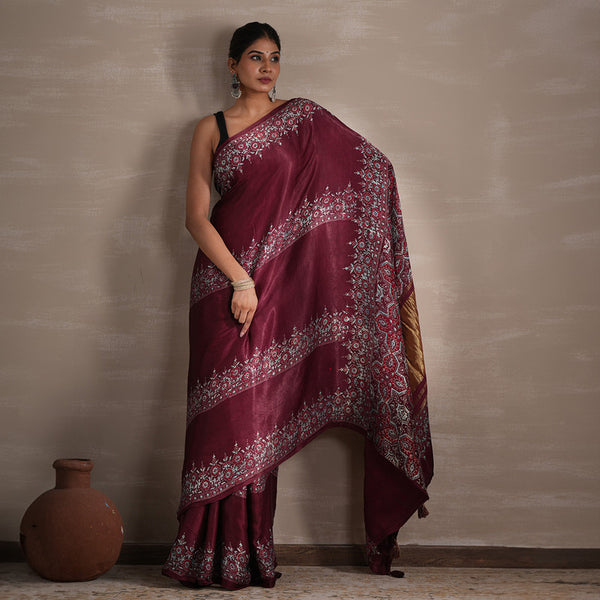 Handblock Printed Saree with Blouse Piece | Wine | Bagru Print