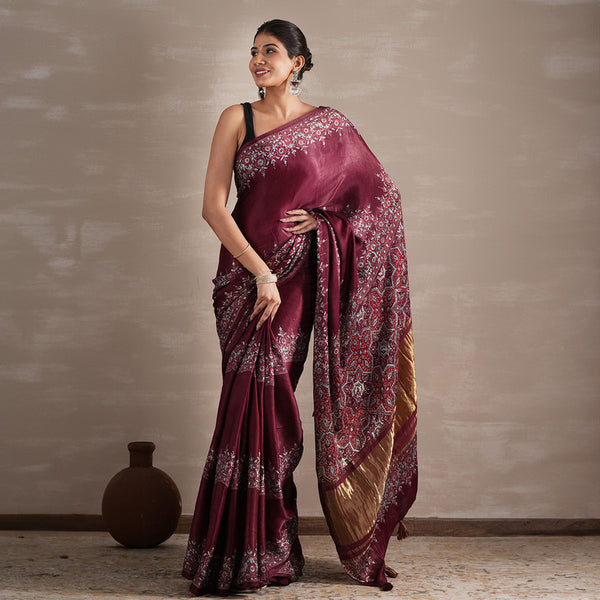 Handblock Printed Saree with Blouse Piece | Wine | Bagru Print