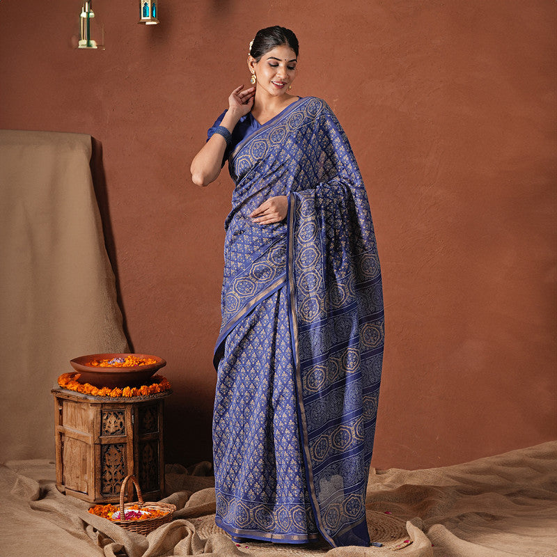 Chanderi Silk Saree with Blouse Piece | Navy Blue | Block Printed