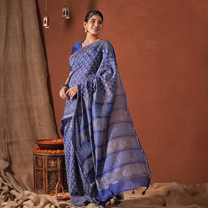 Chanderi Silk Saree with Blouse Piece | Navy Blue | Block Printed