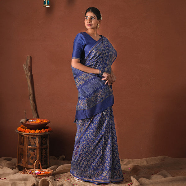 Chanderi Silk Saree with Blouse Piece | Navy Blue | Block Printed