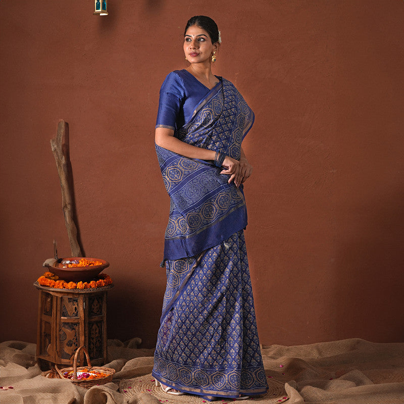 Chanderi Silk Saree with Blouse Piece | Navy Blue | Block Printed