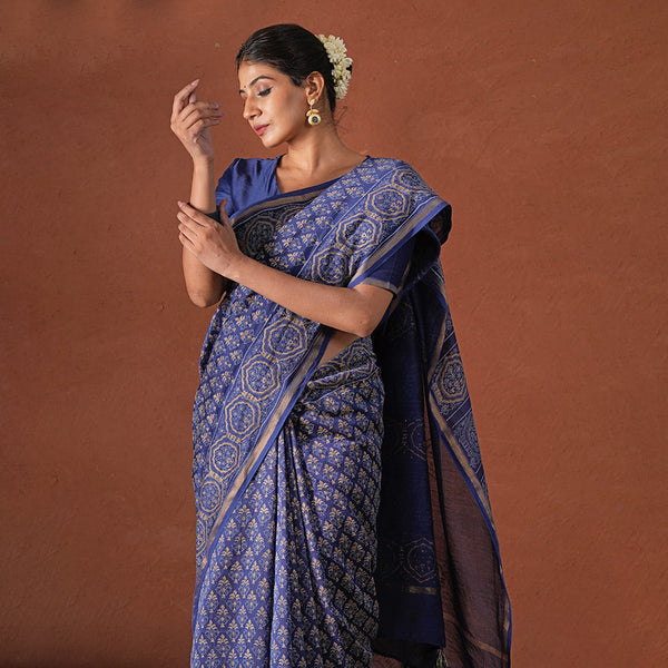 Chanderi Silk Saree with Blouse Piece | Navy Blue | Block Printed