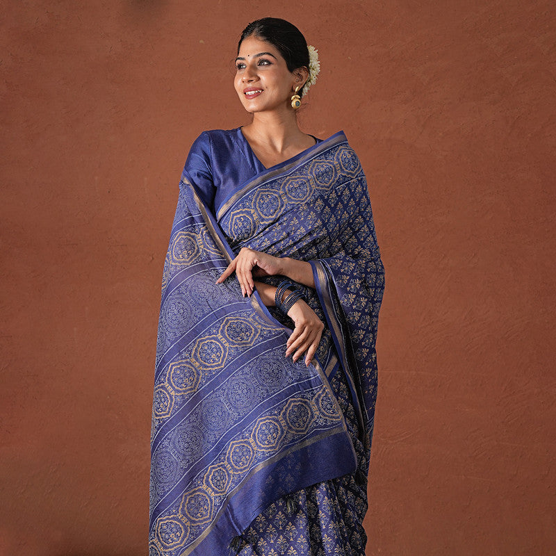 Chanderi Silk Saree with Blouse Piece | Navy Blue | Block Printed