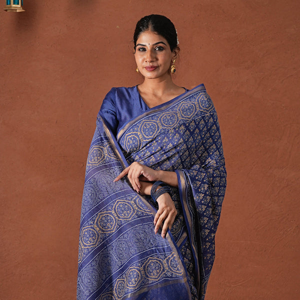 Chanderi Silk Saree with Blouse Piece | Navy Blue | Block Printed