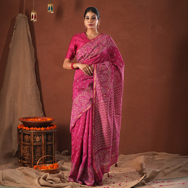 Chanderi Printed Saree with Blouse Piece | Pink