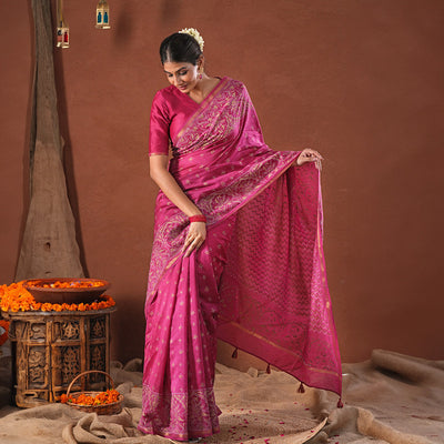 Chanderi Printed Saree with Blouse Piece | Pink