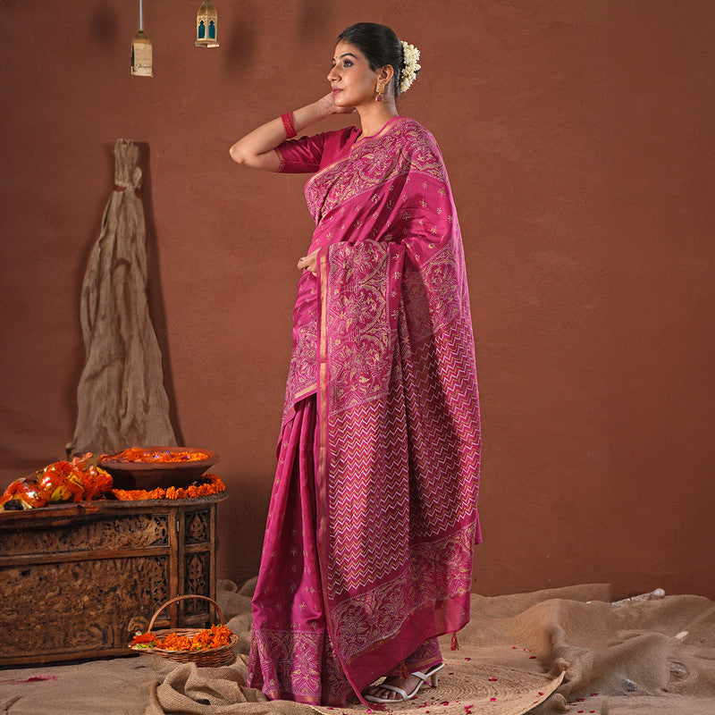 Chanderi Printed Saree with Blouse Piece | Pink