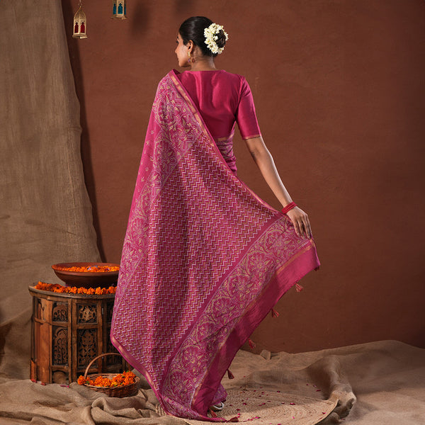 Chanderi Printed Saree with Blouse Piece | Pink