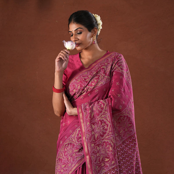 Chanderi Printed Saree with Blouse Piece | Pink