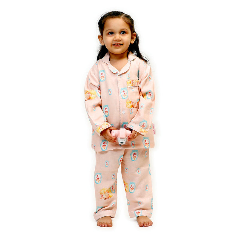 Bamboo Muslin Night Suit For Kids | Printed | Pink