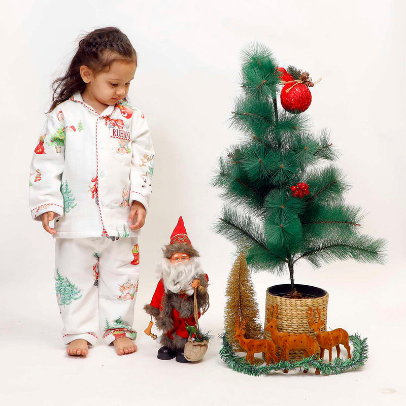 Bamboo Muslin Night Suit For Kids | Chrismas Theme Print | White