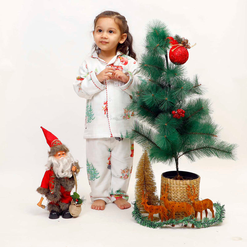 Bamboo Muslin Night Suit For Kids | Chrismas Theme Print | White