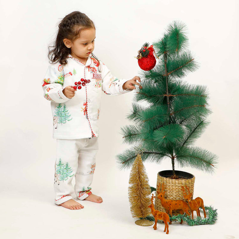 Bamboo Muslin Night Suit For Kids | Chrismas Theme Print | White