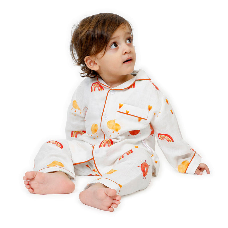 Bamboo Muslin Night Suit For Kids | Full Sleeves | White