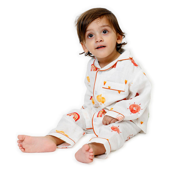 Bamboo Muslin Night Suit For Kids | Full Sleeves | White