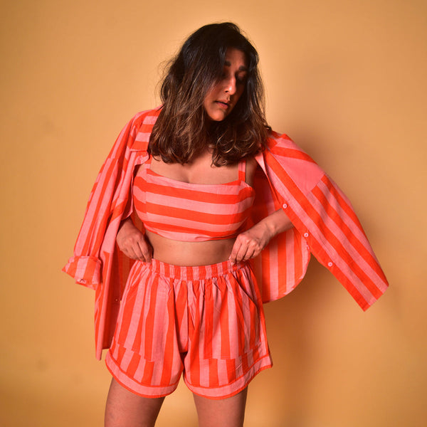Cotton Co-Ord Set for Women | Shirt, Bralette & Shorts | Peach & Orange