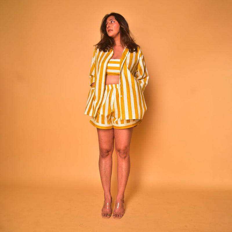 Cotton Short for Women | Striped | Yellow & White