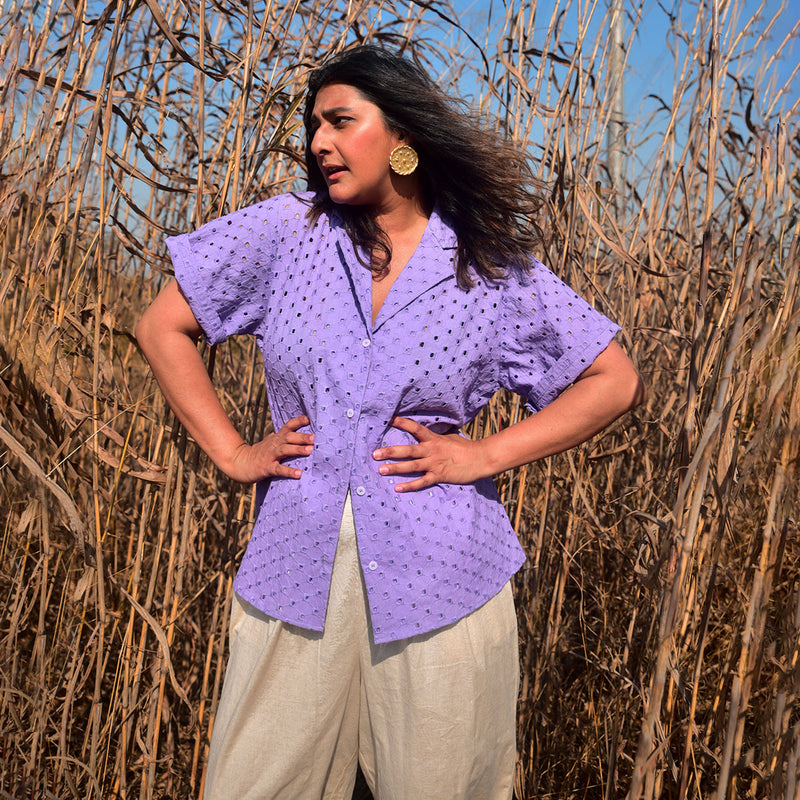 Lavender Shirt for Women | Cotton | Cut-Work Embroidered