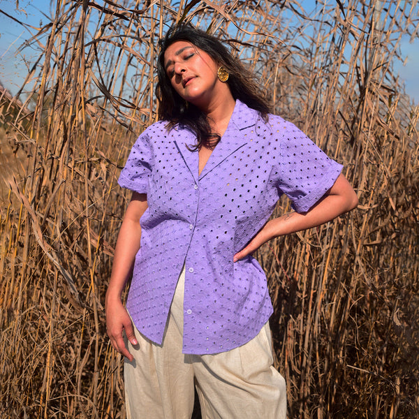 Lavender Shirt for Women | Cotton | Cut-Work Embroidered