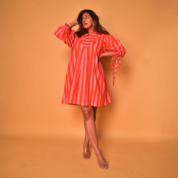 Cotton Short Dress for Women | Striped | Peach & Orange
