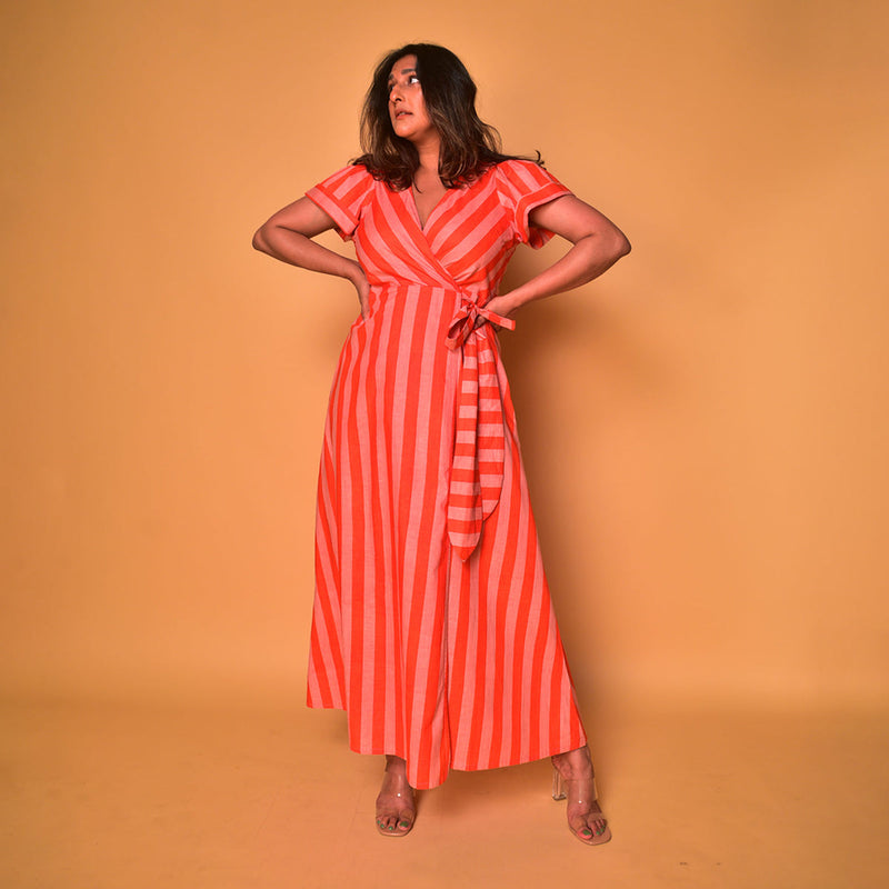 Cotton Wrap Dress for Women | Striped | Peach & Orange