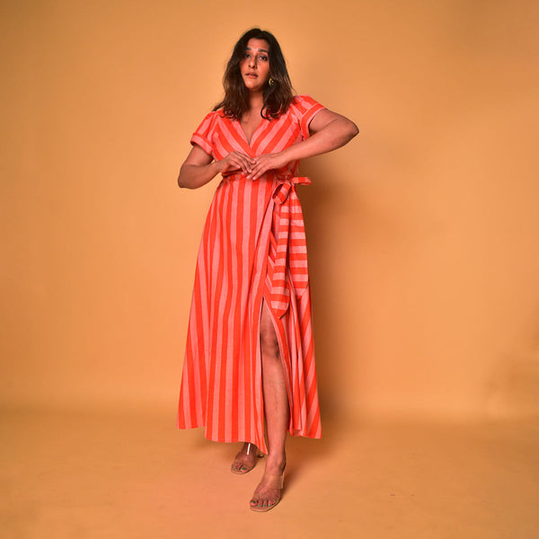 Cotton Wrap Dress for Women | Striped | Peach & Orange