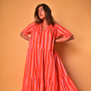 Cotton Long Tiered Dress for Women | Striped | Peach & Orange