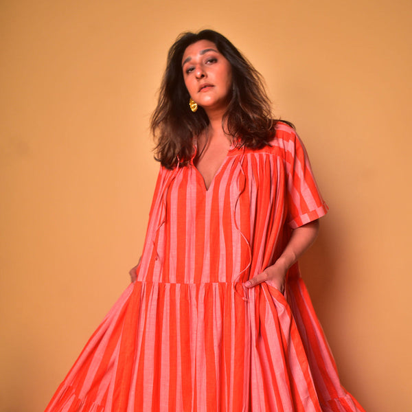 Cotton Long Tiered Dress for Women | Striped | Peach & Orange