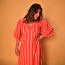 Cotton Long Dress for Women | Striped | Peach & Orange