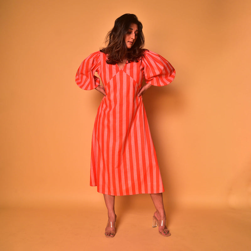 Cotton Long Dress for Women | Striped | Peach & Orange