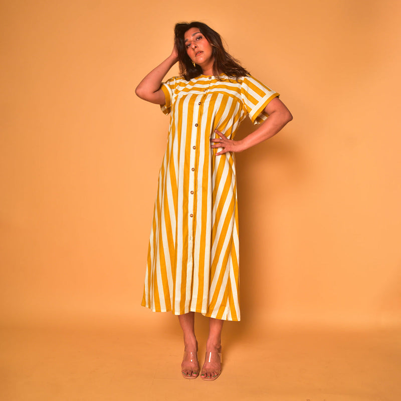 Cotton Shirt Dress for Women | Striped | Yellow & White