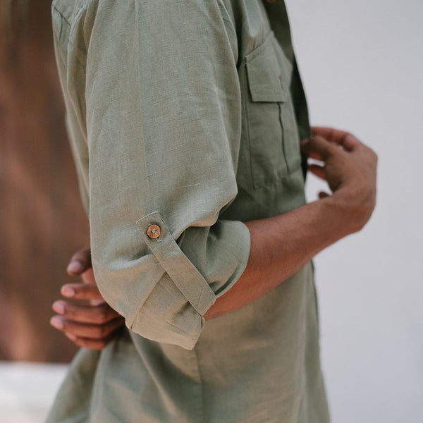 Cotton Linen Shirt For Men | Olive Green | Hand Painted