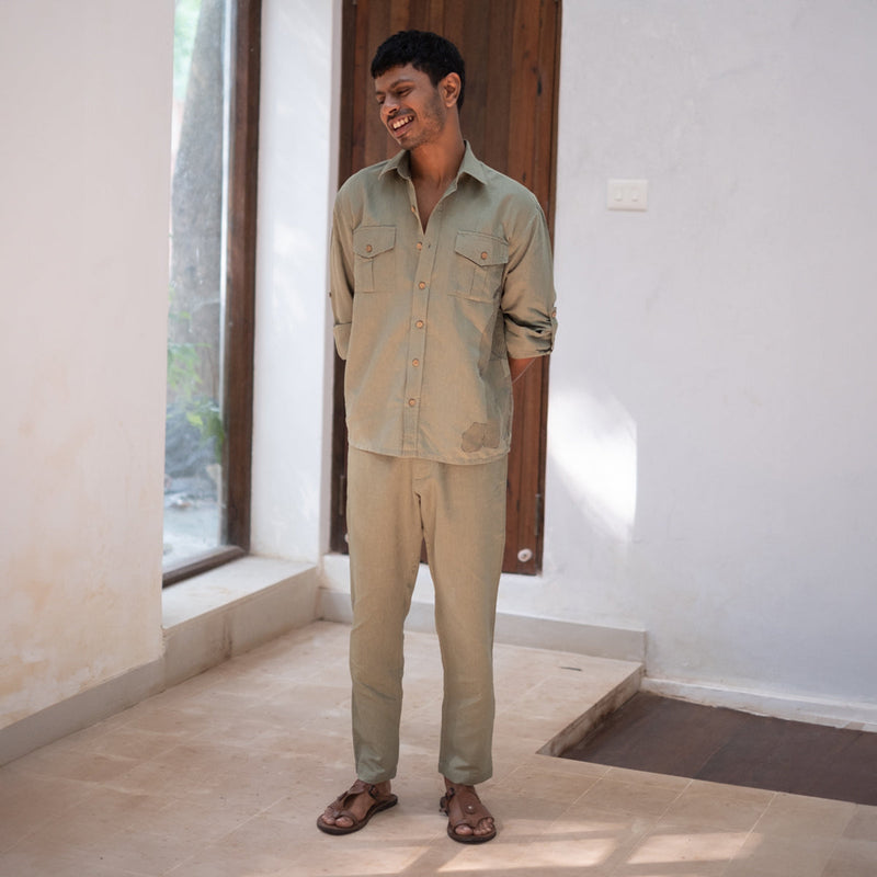 Cotton Linen Shirt For Men | Olive Green | Hand Painted