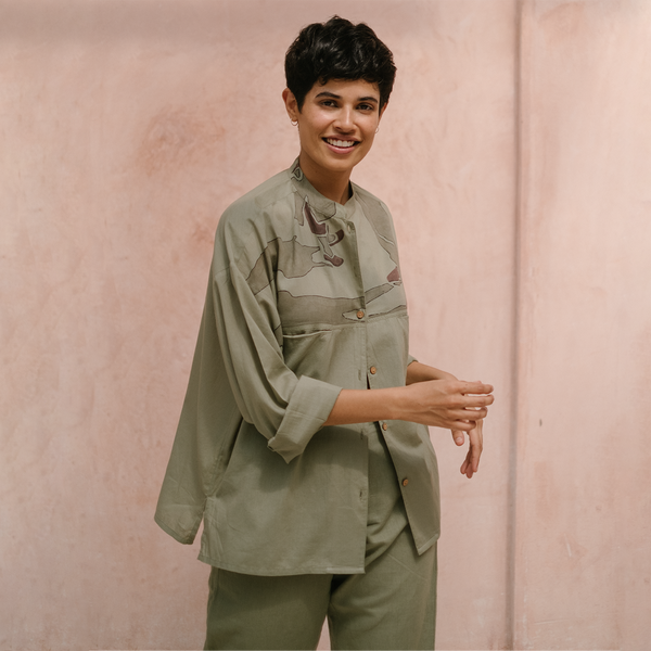 Cotton Shirt For Women | Olive Green | Hand-Painted