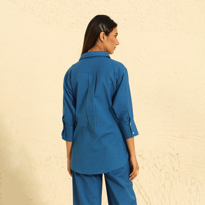 Cotton Linen Co Ord Set | Shirt & Pants | Blue