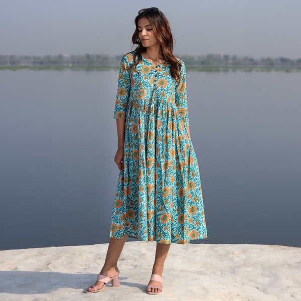 Cotton A-Line Dress for Women | Handblock Printed | Teal & Yellow