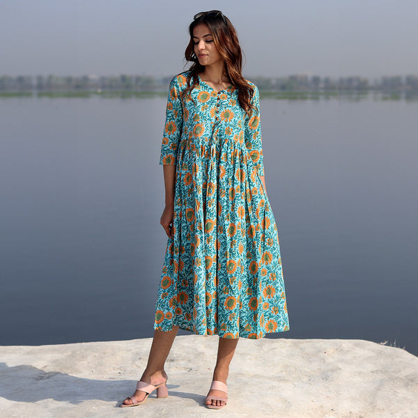 Cotton A-Line Dress for Women | Handblock Printed | Teal & Yellow