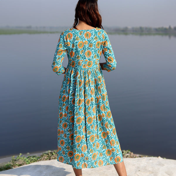 Cotton A-Line Dress for Women | Handblock Printed | Teal & Yellow