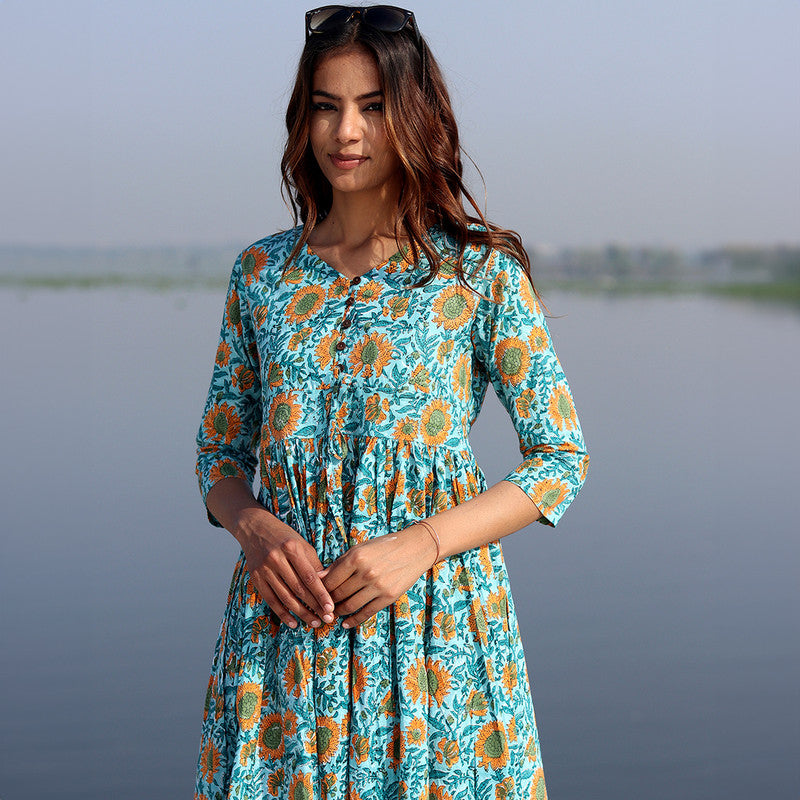 Cotton A-Line Dress for Women | Handblock Printed | Teal & Yellow