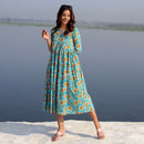 Cotton A-Line Dress for Women | Handblock Printed | Teal & Yellow