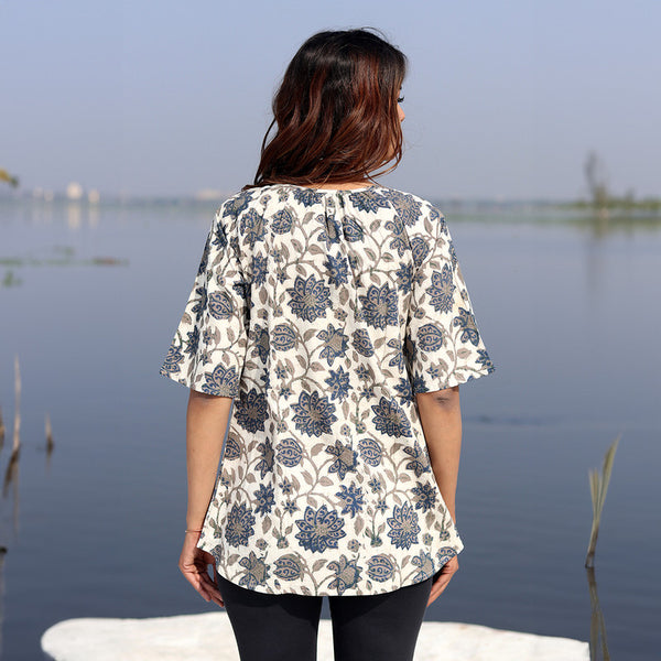 Cotton Printed Top for Women | Floral Block Print | Grey