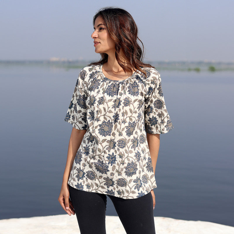 Cotton Printed Top for Women | Floral Block Print | Grey