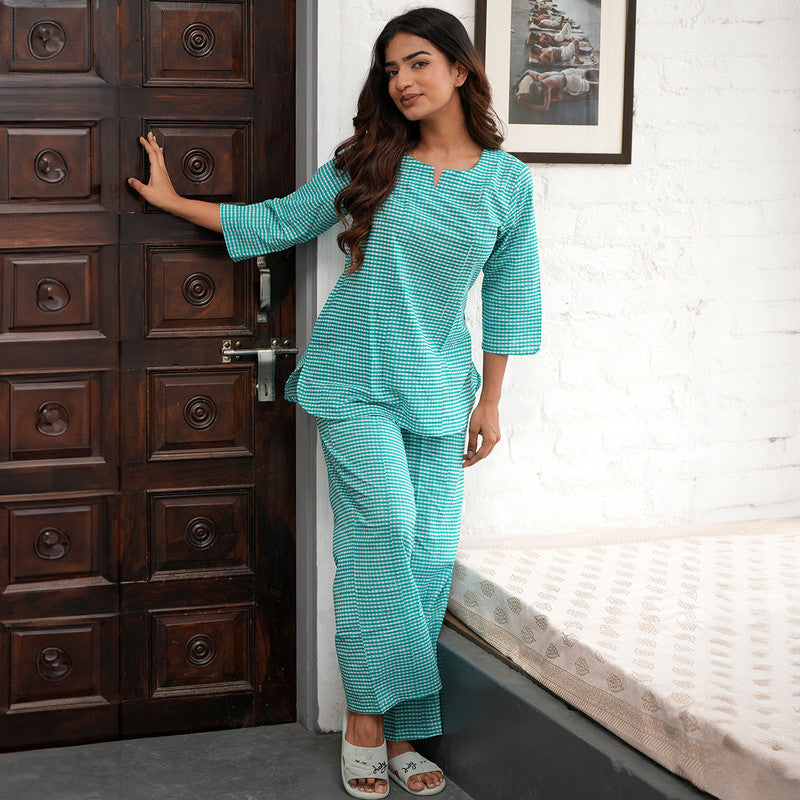 Cotton Lounge Set for Women | Checkered | Teal Blue